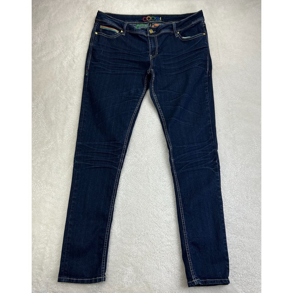 Coogi Straight Jeans Womens 15-16 Dark Wash Blue Denim Rainbow Embroidered VTG